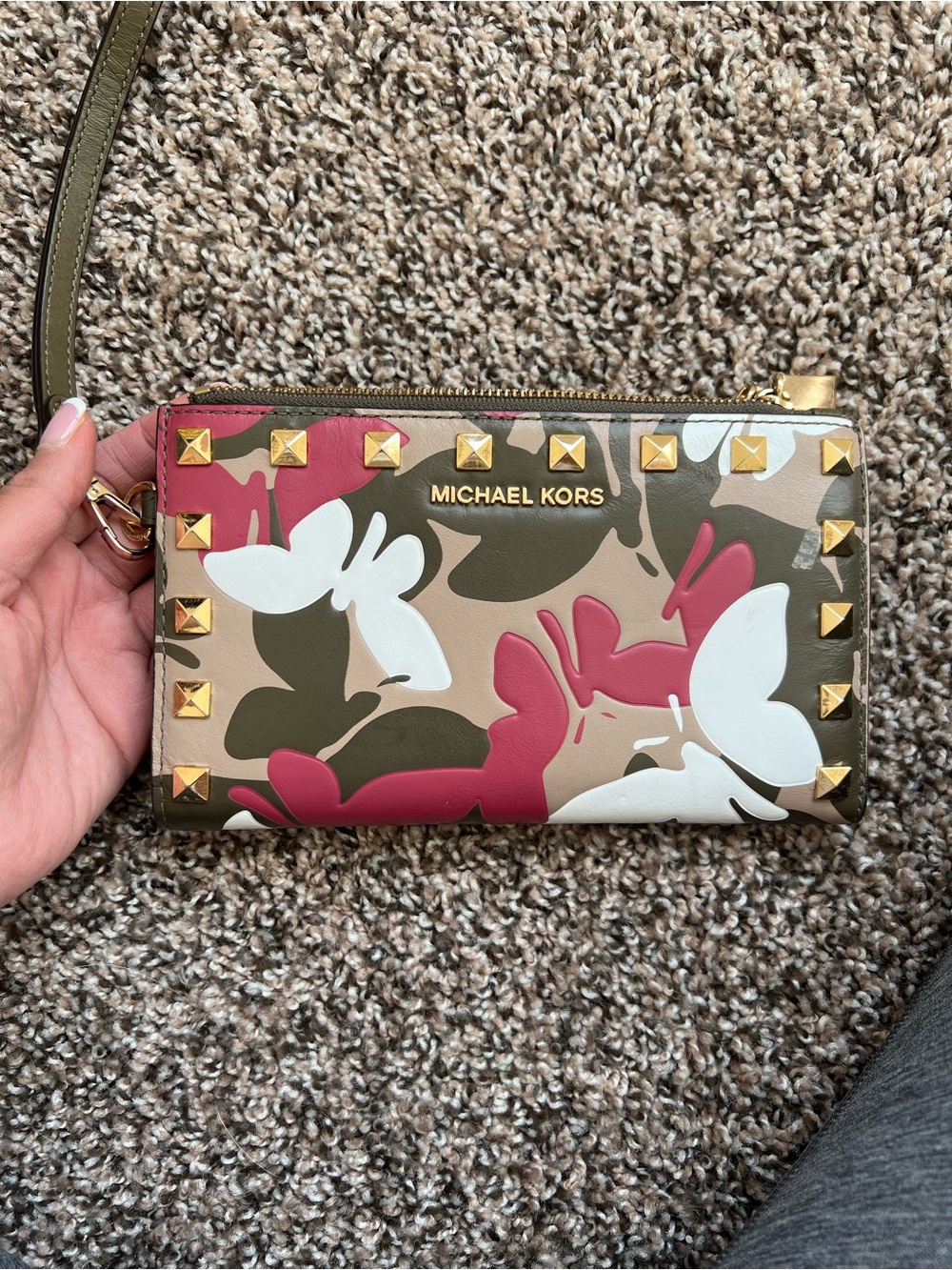 Michael Kors Adele Butterfly Camo Leather Studded Wristlet Wallet